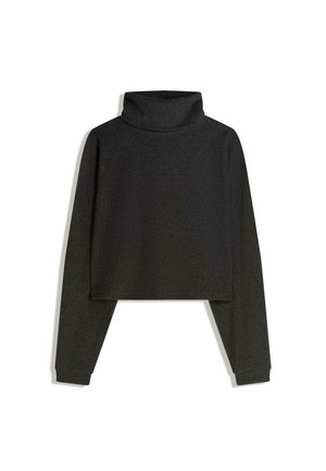 Maglione girocollo nero a coste con maniche lunghe, design cropped e tessuto testurizzato. Presenta un colletto aderente e polsini larghi.
