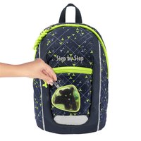 Navy backpack with green accents, zippered pocket, and a black panther patch. Features a geometric pattern and padded straps.