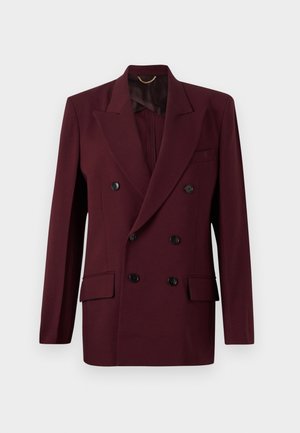 Burgunderrød dobbeltbrystet blazer lavet af glat stof, med to forlommer, sorte knapper og skarpe revers.