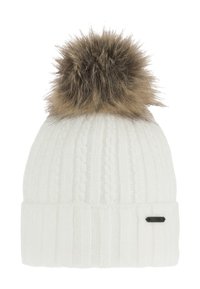 White knitted beanie with a ribbed texture and a brown faux fur pom-pom on top. Features a small black logo tag on the side.