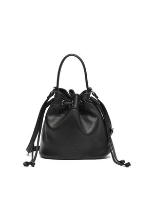 Black leather bucket bag with drawstring closure, single top handle, and long shoulder strap, standing upright on a white background.