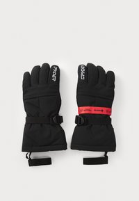 Guantes aislantes negros con diseño de cinco dedos, que cuentan con una correa de acento roja y un hebilla ajustable en la muñeca para un ajuste seguro.