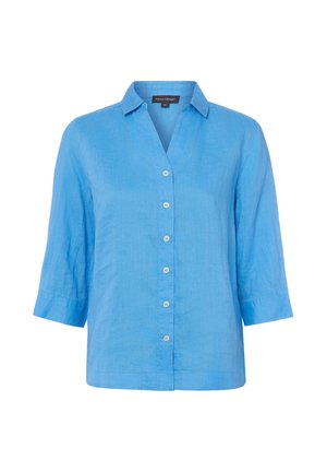 Lichtblauw, overhemd met lange mouwen, kraag en zes witte knopen aan de voorkant, gemaakt van linnen stof.