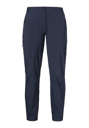Navyblaue Hose aus leichtem, elastischem Stoff; mit zwei seitlichen Reißverschlusstaschen, einem sicheren Bund und einem schmal zulaufenden Bein.