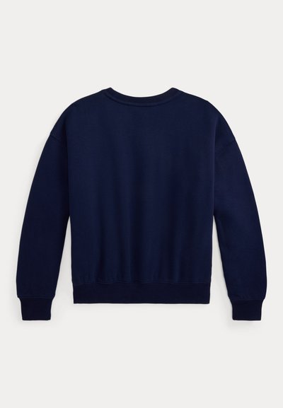 Sudadera azul marino de manga larga, con cuello redondo, puños y dobladillo acanalados, que presenta una textura de tela suave y un diseño simple.