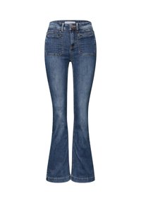 Jeans a zampa d'elefante in denim blu scuro, caratterizzati da un'alta vita, due tasche anteriori e due tasche posteriori con dettagli di cucitura chiara.