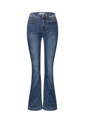 Rozkloszowane dżinsy z ciemnoniebieskiego denimu, z wysokim stanem, dwoma przednimi kieszeniami i dwiema tylnymi kieszeniami z jasnym przeszyciem.