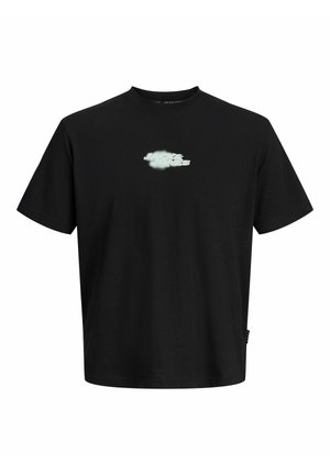 Schwarzes T-Shirt mit kurzen Ärmeln und Rundhalsausschnitt mit kleinem weißen "Jack & Jones"-Logo mittig auf der Brust.