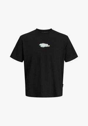 Black short-sleeve crewneck t-shirt with small white "Jack & Jones" logo centered on the chest.