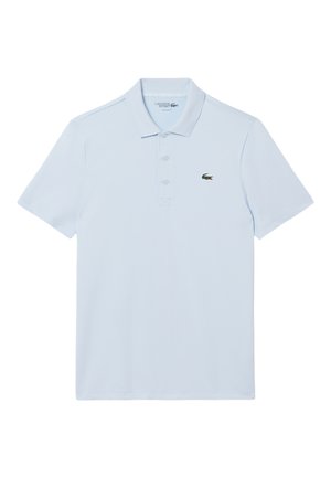 Light blue short-sleeve polo shirt with collar, three buttons, and small green crocodile logo on the left chest.