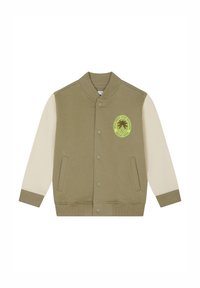 Olivgrön varsityjacka med beige ärmar, ribbade mudd, tryckknappsstängning och en palmträdsgrafik i neongul på bröstet.