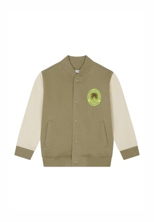 Olivgrüne Collegejacke mit beigen Ärmeln, gerippten Bündchen, Druckknopfverschluss und einem neon-gelben Palmenmotiv auf der Brust.