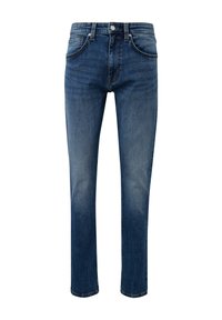 Jeans in denim blu con un design a gamba dritta, dotati di tasche anteriori, chiusura con zip e bottone in metallo in vita. Leggera scoloritura sul tessuto.