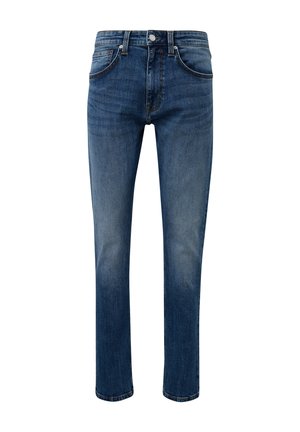 Jean en denim bleu avec une coupe droite, dotés de poches avant, d'une fermeture éclair et d'un bouton en métal à la taille. Légère décoloration sur le tissu.
