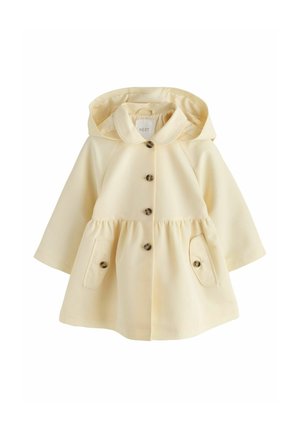 Gelber leichter Mantel mit Kapuze, rundem Kragen, Knopfverschluss vorne, zwei vorderen Taschen und gerafftem Taillendetail. Glatte Oberfläche.