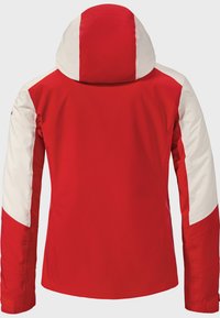 Red jacket with a white hood and sleeves. Features a fitted design with color block accents, smooth texture, and a practical hood.