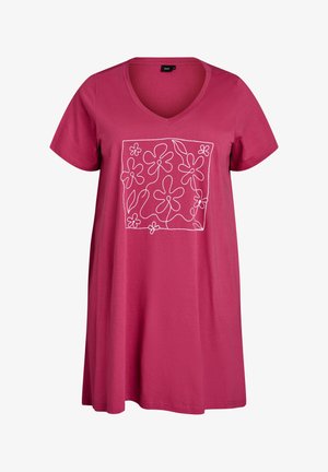 Īsroku krekla kleita rozā krāsā ar V veida kakla izgriezumu, priekšpusē centrā kvadrātveida baltas ziedu kontūras raksts. Mīksts audums.