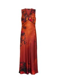 Satin blumenkleid mit tiefem V-Ausschnitt, ärmellosem Design, in warmen Orange- und Rottönen, ergänzt durch schwarze Akzente am Ausschnitt und Saum.