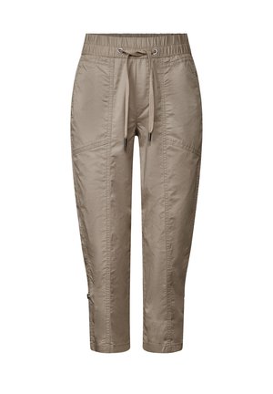 Beige cropped bukser med elastisk talje og snøre. Har sidelommer og et struktureret stof med en glat overflade.