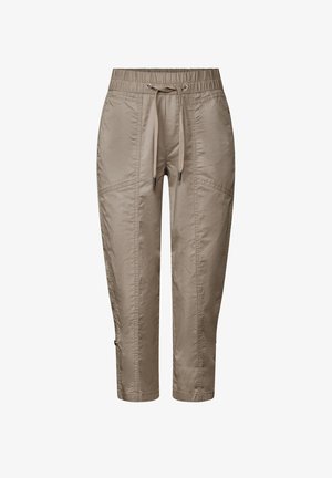 Beżowe spodnie 3/4 z elastycznym pasem i sznurkiem. Posiadają boczne kieszenie oraz fakturowaną tkaninę o gładkim wykończeniu.