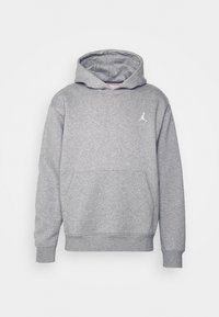 Grey hooded sweatshirt made of soft fabric. Features a kangaroo pocket and a white Jumpman logo on the left chest. Ribbed cuffs and hem.