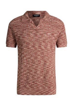 Gebreid poloshirt met korte mouwen en een gestructureerd patroon in gemengde tinten rood en beige.