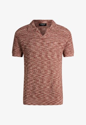 Gebreid poloshirt met korte mouwen en een gestructureerd patroon in gemengde tinten rood en beige.