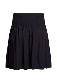 Jupe noire avec une taille smockée, tissu fluide, longueur genou, texture légère et silhouette évasée. Design uni.