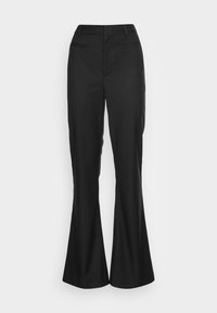 Czarne rozszerzane spodnie z gładkiego materiału. Charakteryzują się wysokim stanem i dwoma przednimi kieszeniami. Prosty fason bez widocznych wzorów czy akcentów.