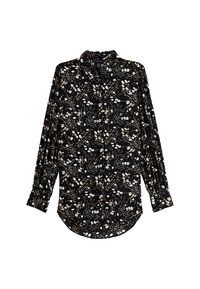 Mustat napillinen paita, jossa on sattumanvaraisesti aseteltuja valkoisia ja beigejä ympyröitä sekä viivoja. Kangas on sileä, rento istuvuus ja pitkät hihat.