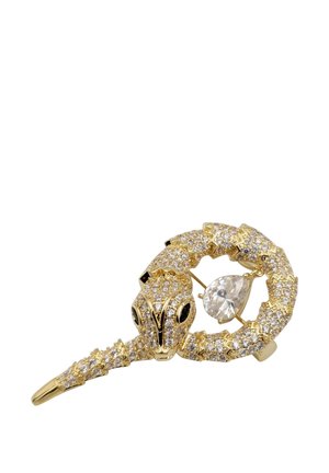 Spilla a forma di serpente in tono oro, adornata con strass trasparenti e con un accento di cristallo a forma di goccia, con scaglie dettagliate.