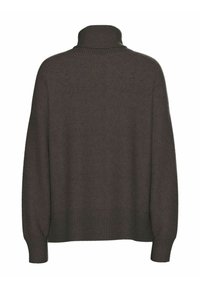 Maglione a collo alto marrone con una consistenza morbida, caratterizzato da una vestibilità comoda e polsini e orlo a coste. La vista posteriore mette in evidenza il design senza cuciture.