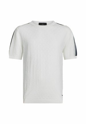 Valge lühikeste varrukatega tekstuuriga kootud särk, mille mõlema varruka ülaosas jooksevad mustad ja valged triibud.