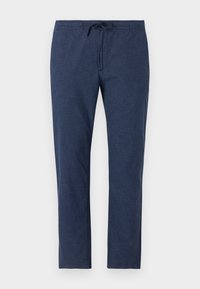 Navy blue pants made of lightweight fabric, featuring an elastic waistband with a drawstring and straight leg design.
