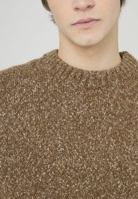 Pull en tricot brun avec un col rond côtelé, un tissu texturé avec des éclats plus clairs, et un gros plan sur la zone de la poitrine.