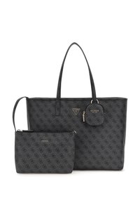 Geantă de tip tote neagră, cu textură, având logo-ul vizibil, două curele de umăr și un pachet mic asortat. Ambele au un model cu monograme.