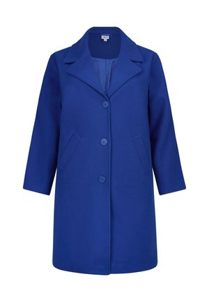 Blauwe mantel van middellange lengte met drie knopen aan de voorkant, brede reverskraag, lange mouwen en twee zijzakken.