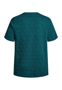 Tričko v barvě modrozelené s celoplošným vzorem srdíček, krátkými rukávy a kulatým výstřihem. Vyrobeno z měkké, prodyšné látky.