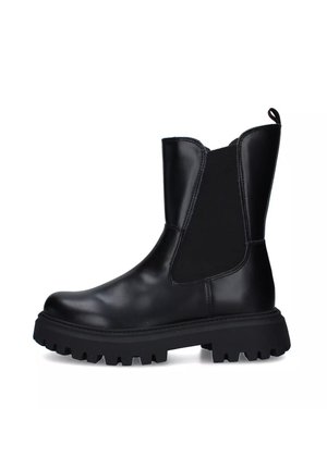 Bottines Chelsea noires en cuir avec des panneaux latéraux élastiques, un bout arrondi et une semelle en caoutchouc épaisse dotée de profondes rainures.