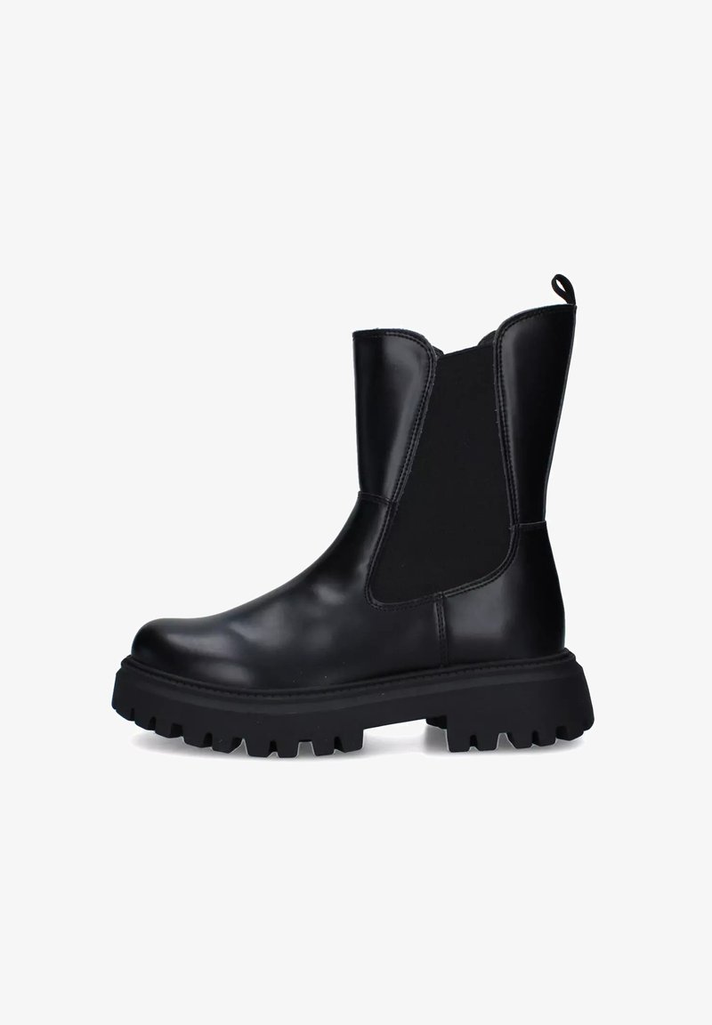 Botas chelsea negras de cuero con paneles laterales elásticos, punta redondeada y suela de goma gruesa con surcos profundos.