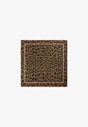 Leopard print scarf featuring a border with pink and orange accents. Made from smooth fabric with a square shape, measuring approximately 90 cm.