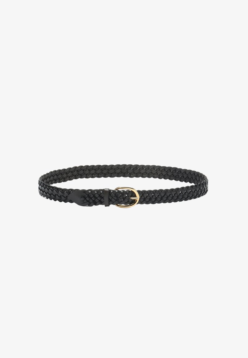 Black braided leather belt with a small gold-tone rounded buckle and a belt loop.