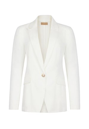 Hvid hørblazer med enkelt lukning med træknap, notched revers og to forlommer. Glat tekstur og skræddersyet pasform.