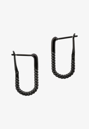 Musta kierrepintainen suorakaiteen muotoinen metallikorvarengas saranoiduilla lukolla, valkoisella taustalla esillä.