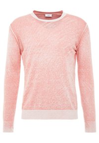 Light pink pullover sweater with a textured finish, crew neckline, and contrasting ribbed cuffs and hem. Lightweight fabric.