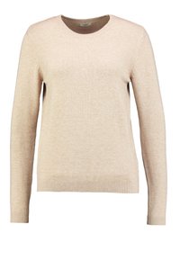 Pull beige en maille avec manches longues, encolure ronde, et poignets et ourlet côtelés. Texture douce, design simple, sans motifs visibles.