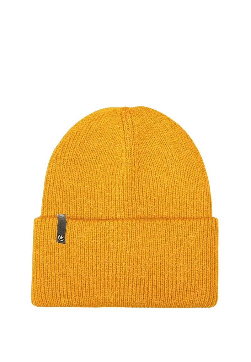 Yellow knitted beanie hat with a folded cuff, featuring a small black fabric label on the side and a textured ribbed pattern throughout.