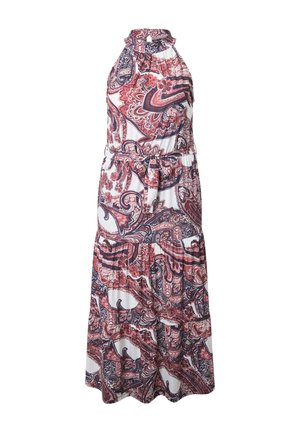 Ärmelloses Maxikleid mit Neckholder und gebundener Taille, mit roten und marineblauen Paisley- und Blumenmustern auf weißem Hintergrund.