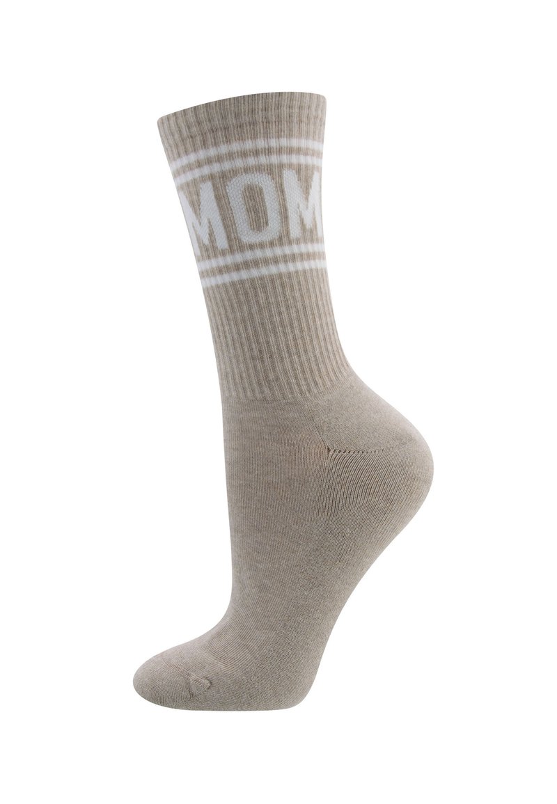 Beżowa bawełniana skarpetka o prążkowanej teksturze; posiada białe napisy "MOM" oraz dekoracyjne paski na górze. Zaprojektowana do codziennego noszenia.