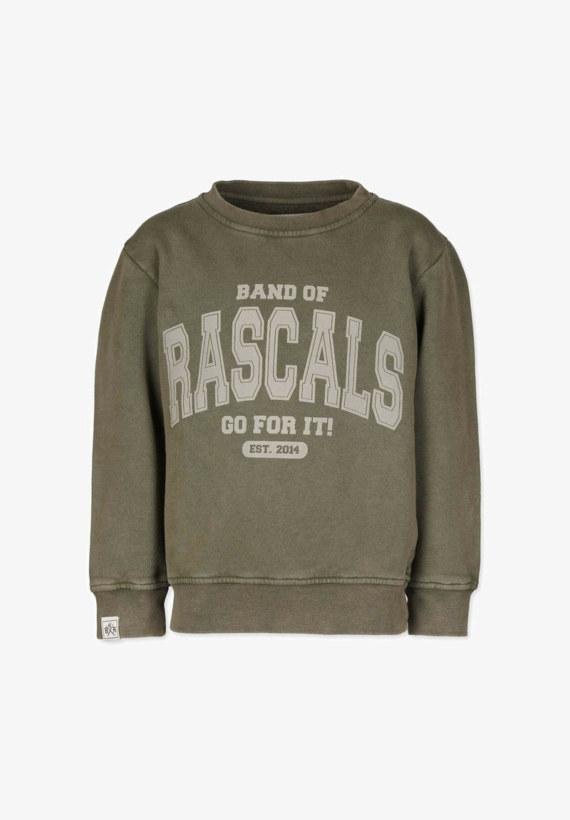 Oliivinvihreä svetari, jossa edessä suurilla, vaaleilla kirjaimilla on painettuna "Röyhkeiden Bandi Go For It! Perustettu 2014".